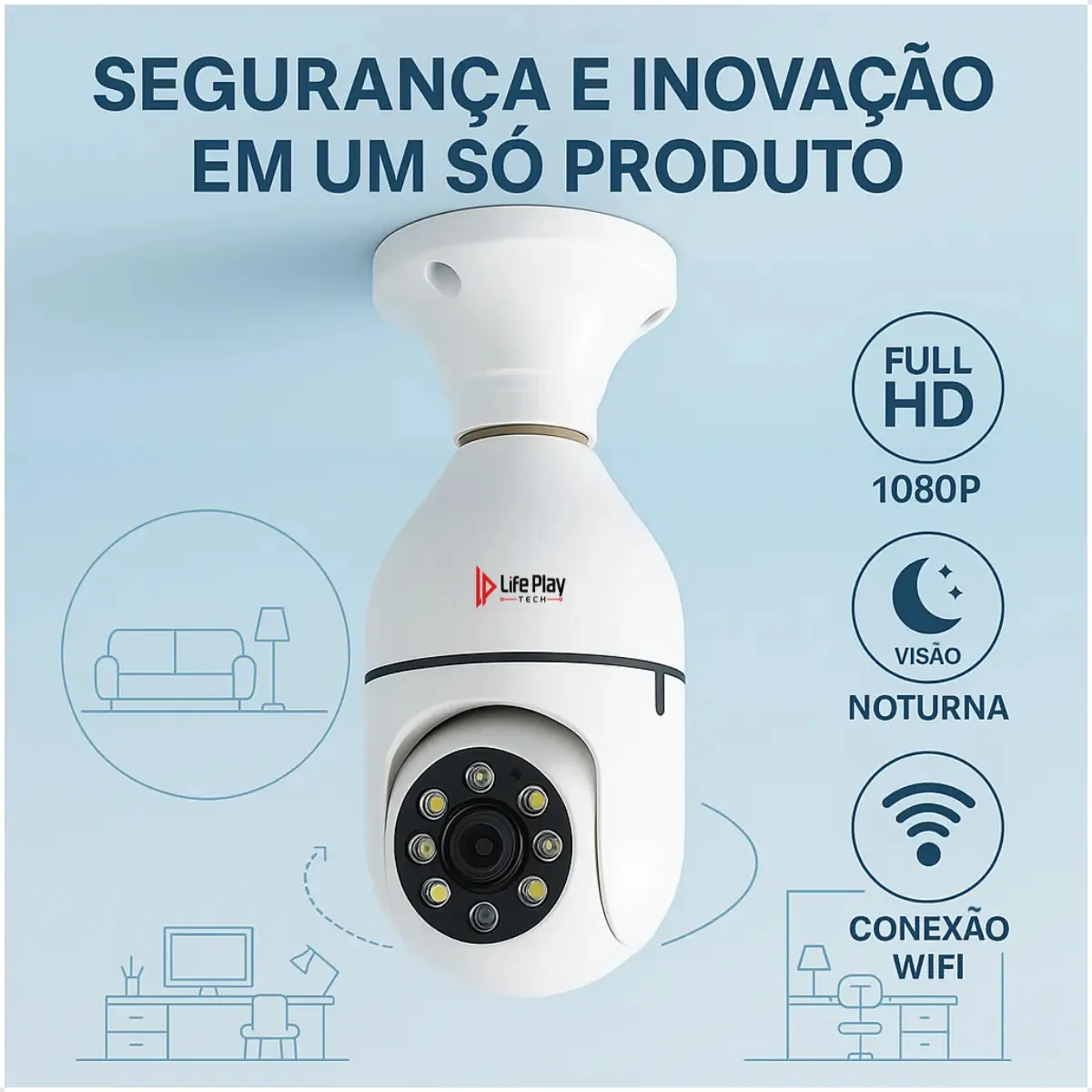 Câmera Segurança Lâmpada WiFi 360° Full HD 1080p Visão Noturna Infravermelho Áudio Bidirecional Soquete E27 App Yoosee 2.4GHz Rotação 360x90 - Imagem 4