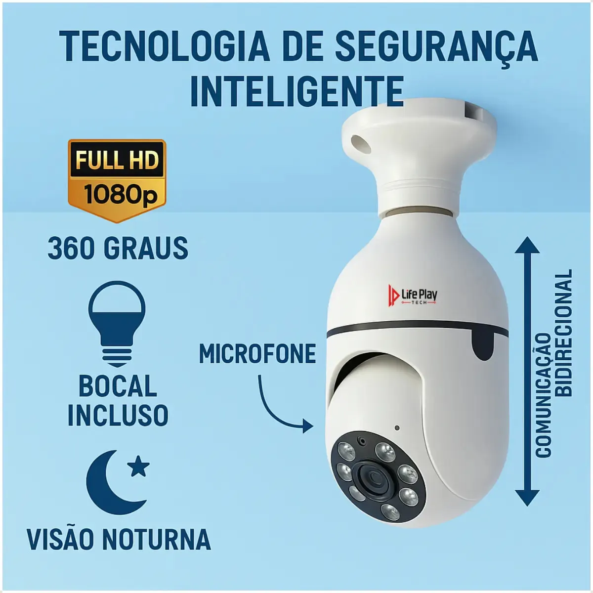 Câmera Segurança Lâmpada WiFi 360° Full HD 1080p Visão Noturna Infravermelho Áudio Bidirecional Soquete E27 App Yoosee 2.4GHz Rotação 360x90 - Imagem 3