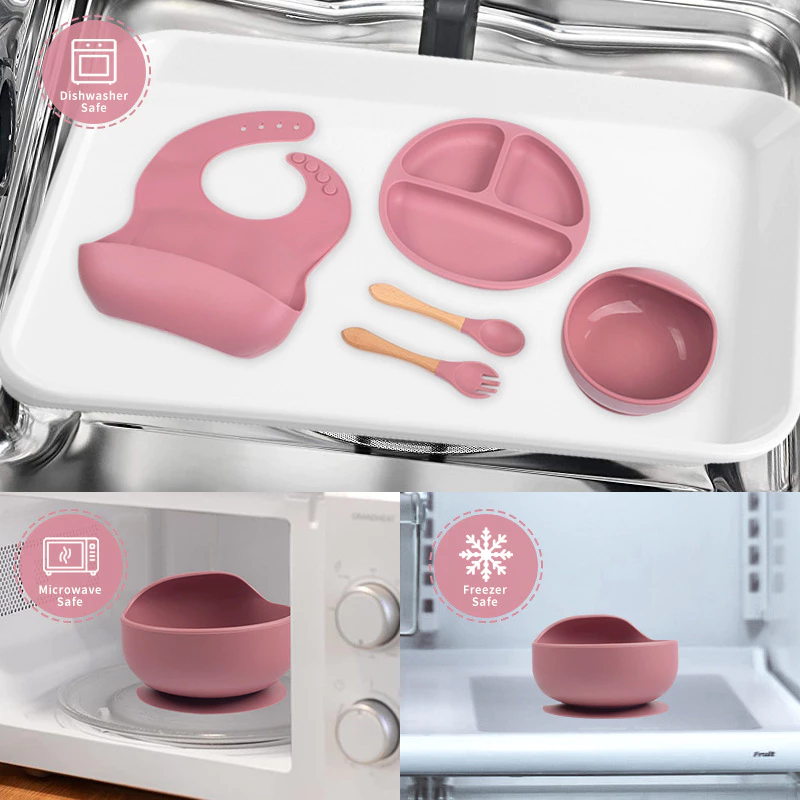 Kit 8pçs Talheres de Silicone p/ Bebê c/ Ventosa, Colher, Garfo, Canudo e Babador Infantil - Imagem 3