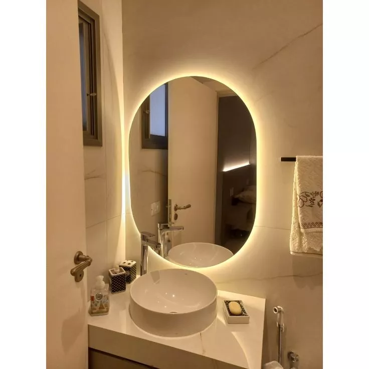 Espelho Oval com LED Moderno Luz Quente e Fria para Banheiro e Quarto Decorativo