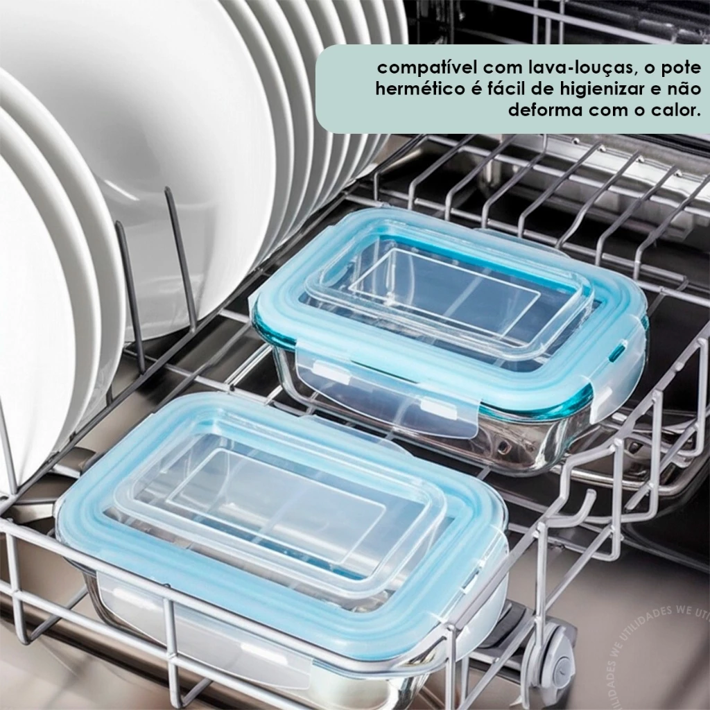 Kit Pote de Vidro Hermético Retangular 10 / 5 Unid Travas Marmita Fit Microondas Mantimentos - Imagem 2