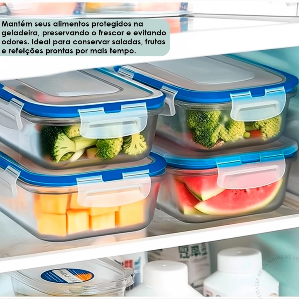 Kit Pote de Vidro Hermético Retangular 10 / 5 Unid Travas Marmita Fit Microondas Mantimentos - Imagem 3