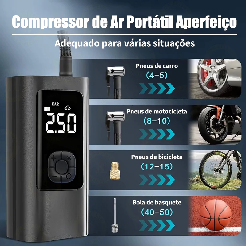 Bomba de Ar Digital Portátil Compressor Inflator Multi-função Calibrador de Carro Recarregável M6 - Imagem 5