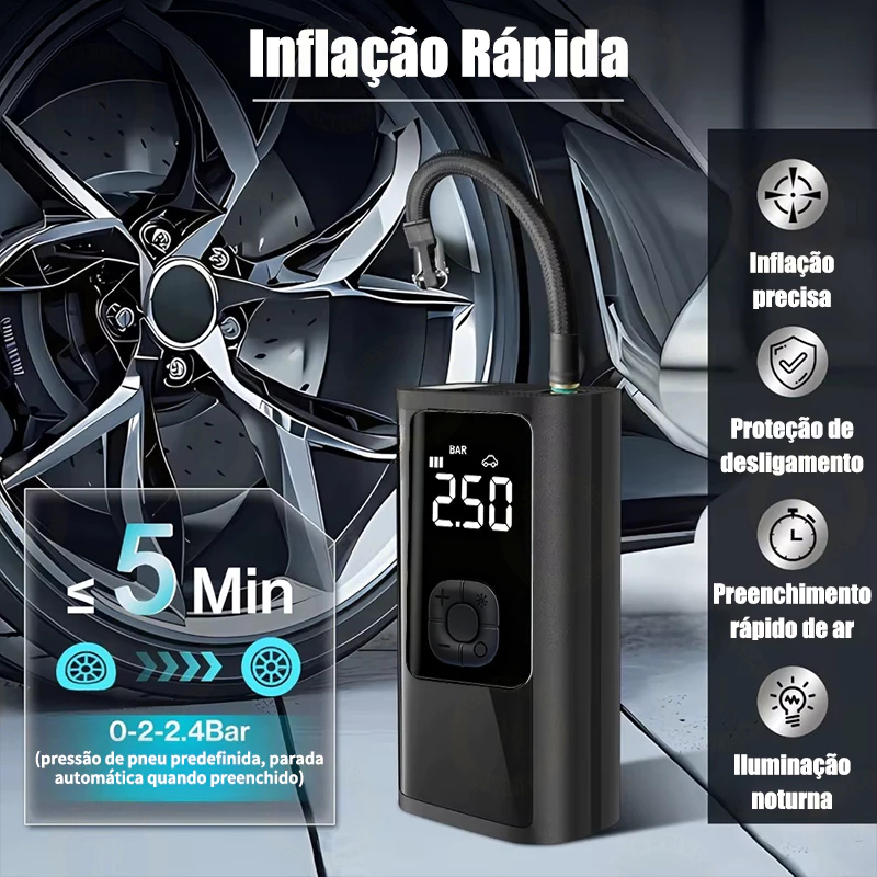 Bomba de Ar Digital Portátil Compressor Inflator Multi-função Calibrador de Carro Recarregável M6 - Imagem 4